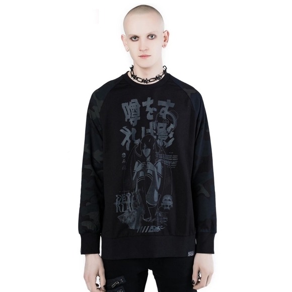 Killstar ✦ Rumour Camo Sweatshirt ✦ M Black Pullover Gothic Quote Camo Sleeves - Picture 2 of 8